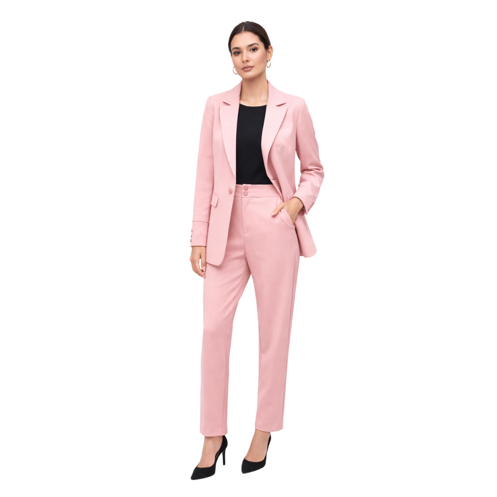 Women Pink Formal Blazer & Trouser Set | Office Wear Slim Fit Dress | Single Button Blazer with Pants