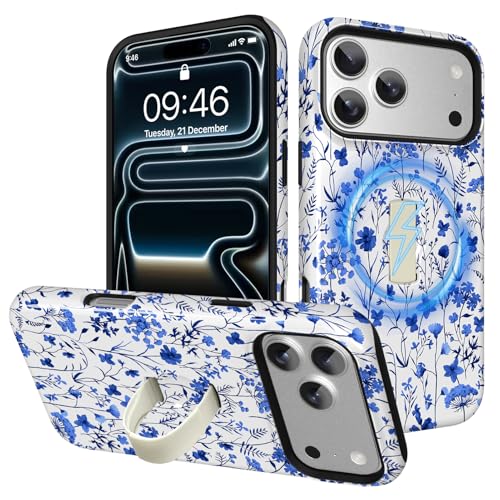 Image of Magnetic for iPhone 17 Pro Max Case with Finger Strap Kickstand [Compatible with Magsafe] Cute Floral Flower Pattern Design, Dual-Layer Shockproof Protective Cover for Women Men, Blue