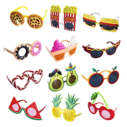 Terrifi Party Sunglasses, 12 Pcs Novelty Glasses Tropical Fancy Masks, Funny Photo Booth Props For Summer Themed Supplies Pizza Ice Cream Fruit Fun