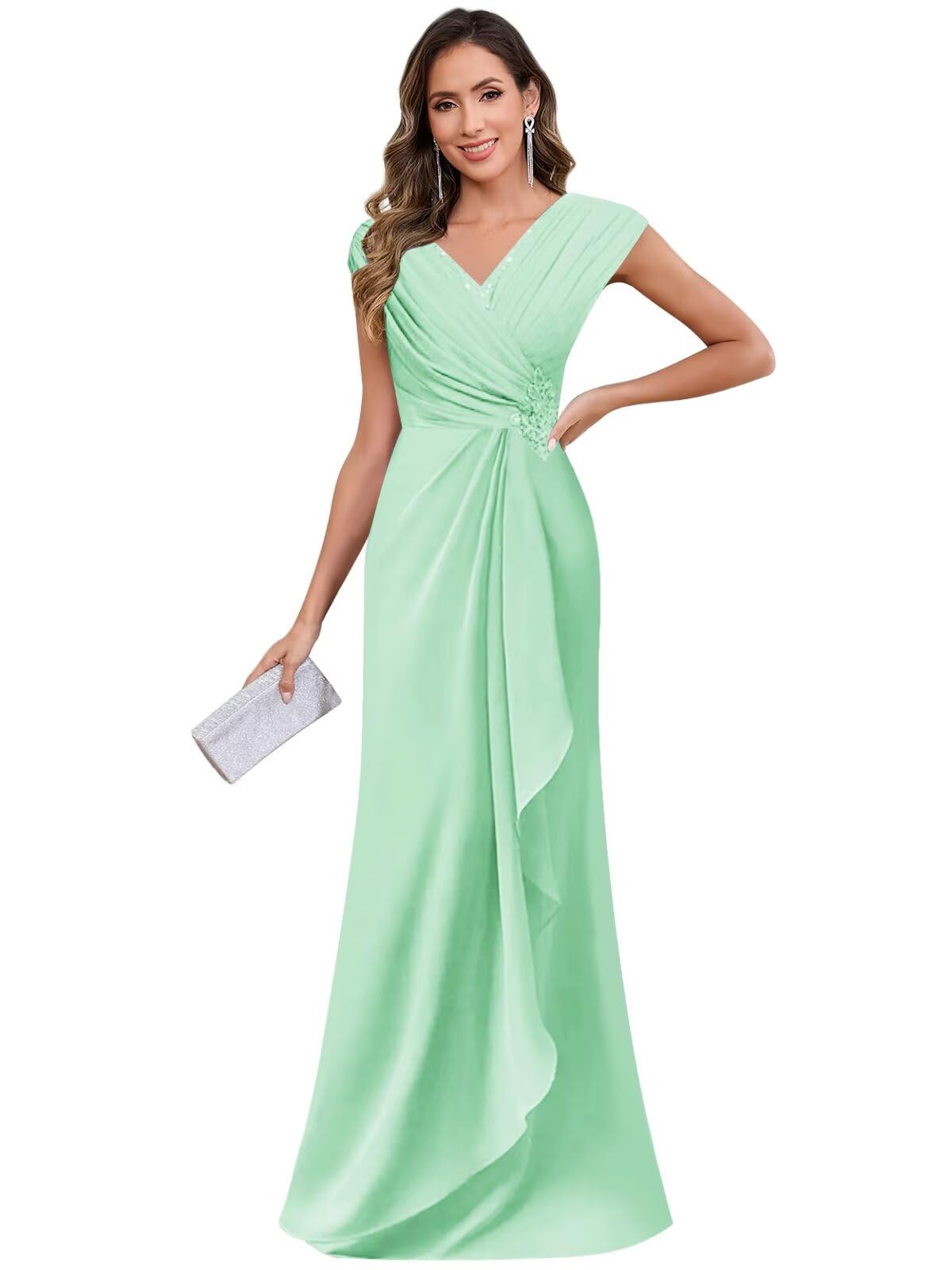 MXODI Cap Sleeve Mother of The Bride Dresses for Women Chiffon Lace Applique V Neck Long Formal Dresses Cocktail Party Gowns Mint Green Size 10