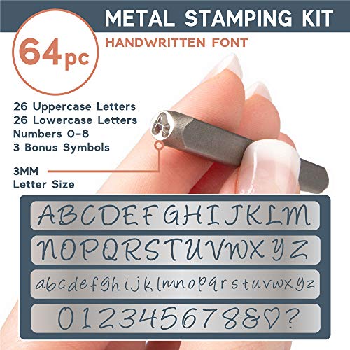 Metal Stamping Kit, 64 Piece Punch Set - Handwritten Style Font Number & Letter Stamps for Metal, Jewelry, Wood, Leather & More - Thumbnail 2