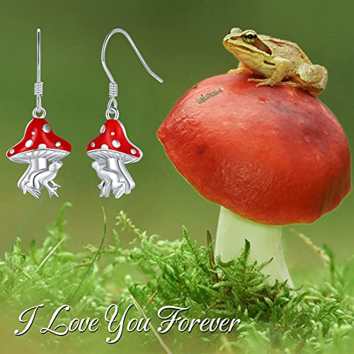 Mushroom Frog Dangle Earrings For Girls - 925 Sterling Silver Cute Mushroom Frog Jewelry Drop Earrings For Women, Red Enamel Mushroom Frog Earring Christmas Gifts For Teen Girls #TOP1