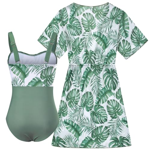 Image of Funnycokid Girls Bathing Suits One Piece Swimsuit with Cover Up Kids Swim Suit Size 8-16