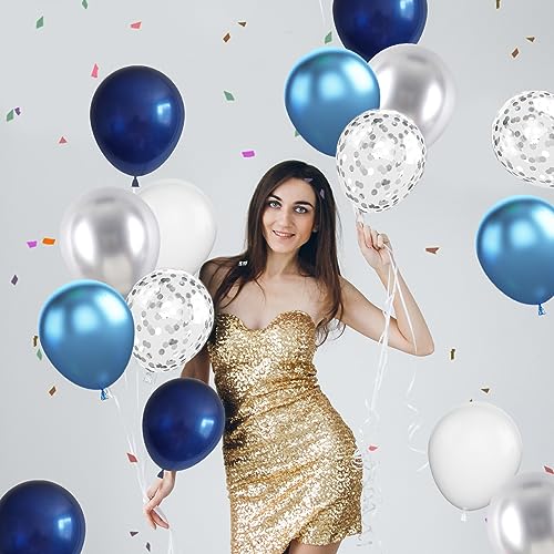 Image of Navy Blue & Silver Balloons - 60pc Metallic & Latex Mix, 12 inch White Balloons with Silver Confetti for Birthday, Baby Shower, Graduation & Wedding Parties
