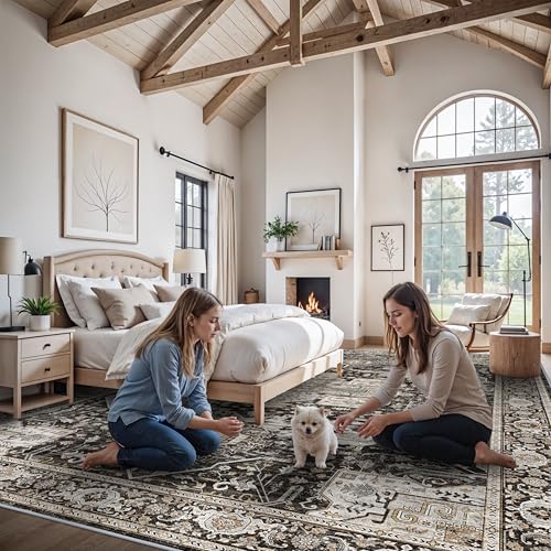 Living Room 12x15 Area Rug - Large Washable Area Rugs with Non Slip Backing Stain Resistant Carpet Indoor Soft Carpets Distressed Decoration Mat for Bedroom Dining Room 12x15 Black