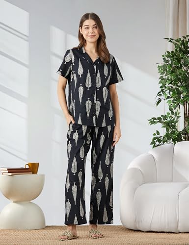Image of Amazon Brand - Myx Women Cotton Shirt and Relaxed Pajama Set | Night Suit Set (Available in Plus Sizes)