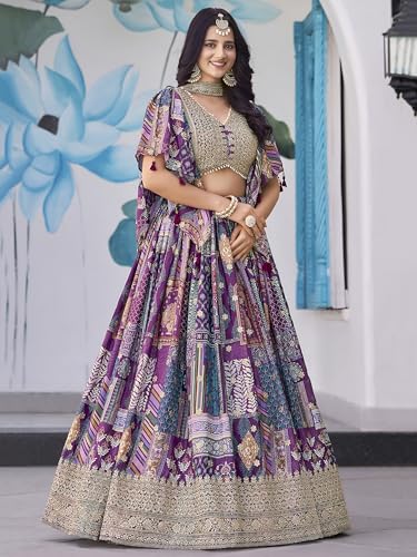 Image of Women's Digital Print With Zari Dori Embroidery Work Chinnon Silk Lehenga Choli With Dupatta (Women-Lehenga-Choli-New; Free size)