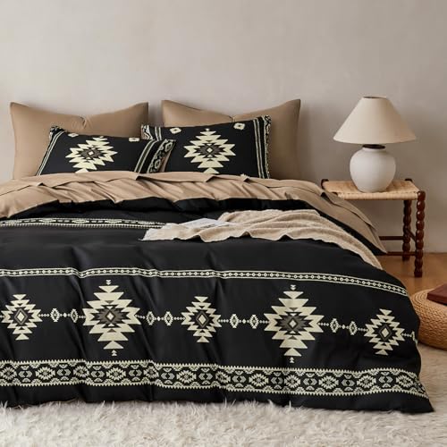 Wake In Cloud - Western Comforter Set Boho Southwestern Farmhouse Style with Aztec Diamond Geometric Pattern Soft Lightweight Bedding 3 Pieces Black Brown Queen Size