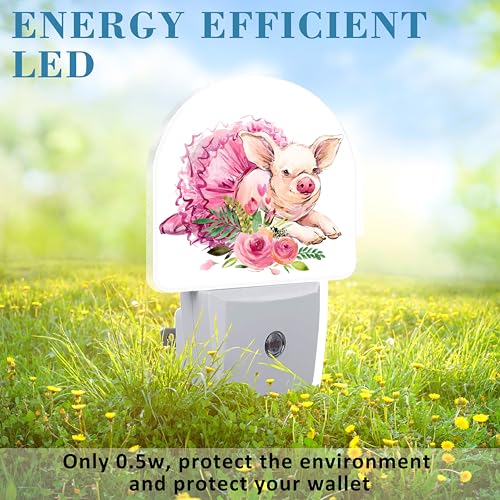 Image of Watercolor Cute Flower Pig Night Light for Kids, LED Night Light Plug into Wall with Dusk to Dawn Sensor for Girls Boys Women Men Room Decor, Hallway, Kitchen, Bathroom, Nursery, Stairs