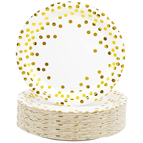 CEILIWEN Lot de 50 Assiettes en Carton Blanc et Doré à Pois de 17,8 cm pour Fête