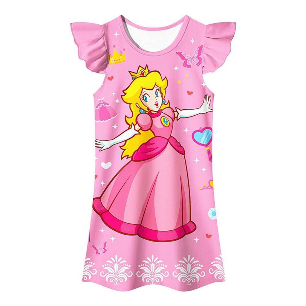 PALAY® Girls Dress Princess Peach Dress Costume for Toddler Kids, Cartoon Ruffle Sleeve Homewear Dresses Silk-Feel Party Dress for Girls 3-6 Years Old Gift - Pink
