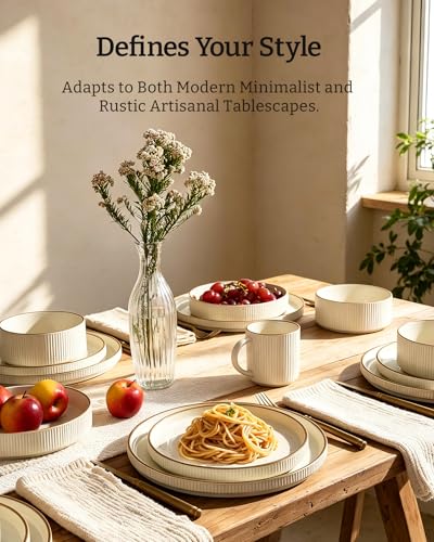 Image of Famiware Stoneware Dinnerware Set for 4 with Pasta Bowls, Dishes with Trim | Cream, 16 pcs creamic double bowls & flat plates, chip & scratch resistant, microwave & dishwasher safe, everyday formal use