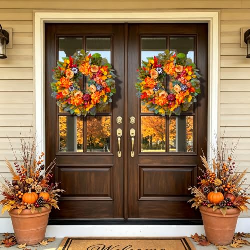 Image of 24 Inch Harvest Fall Wreaths for Front Door Outside with Orange Peony | Artificial Silk Autumn Leaf Wreaths with Realistic Dahlias,Pumpkin,Rustic Farmhouse Thanksgiving Halloween Wall Porch Decor