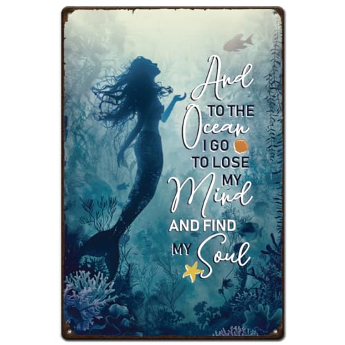SUPERDANT Mermaid Metal Signs Inspirational Quotes Tin Signs to The Ocean Lose Mind Find Soul Walll Plaque Funny Sign and Plaque Bathroom Metal Sign for Bedroom Man Cave Bar Cafe Bar Home
