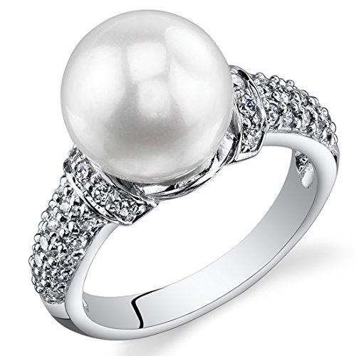 Dazzling Freshwater Cultured White Pearl Ring (8.5-9mm) Sterling Silver CZ Accent Sizes 5 to 9