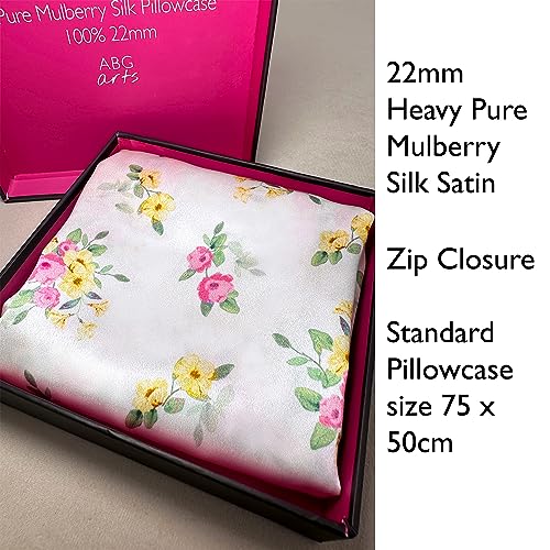 %100 Pure Mulberry Silk Satin Pillowcase, 22 mm Printed, Standard Size 75 x 50 cm. (Pink/Yellow Floral), Pink/ Yellow Floral - Image 3
