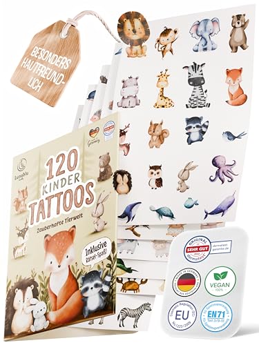 Lunablu 120 Hautfreundliche Kinder Tattoos [Dermatologisch Zertifiziert] MADE IN GERMANY | Geschenk für Kinder | Kindertattoos für Jungen und Mädchen | Tattoo - Bunte Tiere