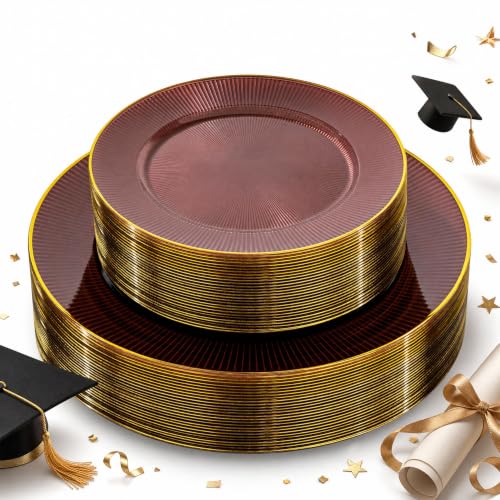 Hioasis 60pcs Burgundy and Gold Plastic Plates - Burgundy Disposable Dinnerware Set 30pcs Dinner 10in & 30pcs Dessert 7in Plates with Striped Designs for Party & Wedding