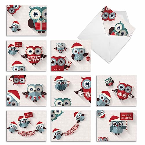 Image of The Best Card Company - 10 Holiday Note Cards for Christmas - Festive Bulk Assortment, Boxed Notecards with Envelopes (4 x 5.12 Inch) - Happy Owlidays M2947
