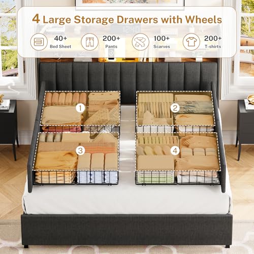 Image of TEENFON Queen Bed Frame with Headboard and 4 Drawers Storage, Bed Frame Queen Size Built in LED Lights and Charging Station, Sturdy & Noise-Free Upholstered Platform Metal Support Bed, Dark Grey
