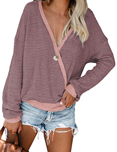 Cute Tops for Women Deep V Neck Long Sleeve Wrap Sweaters 2019 Fashion Shirts Pink M