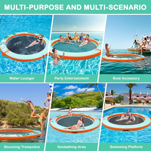 Image of Inflatable Water Hammock Floating Dock 8 FT with Mesh, Tanning Pool Raft Round Ring for Adults, Float Platform for Lake and Beach with Water Ladder and Cup Holder
