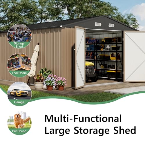 Image of Devoko 10x12 FT Outdoor Storage Shed, Large Metal Storage Sheds with Lockable Door, Utility Garden Tool Shed with Sloping Roof, Outside Steel Storage Sheds for Patio Lawn Backyard, Brown