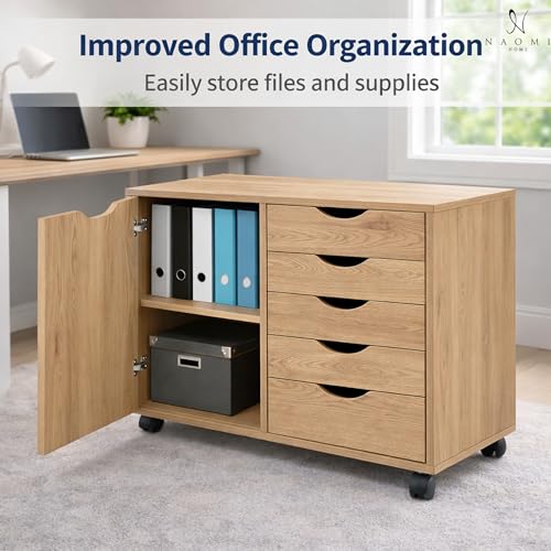 Image of Naomi Home Under Desk Rolling Office File Cabinet with 5 Drawers & Side Storage Cabinet, Mobile Organizer with Shelves & Swivel Casters for Home Office - Natural