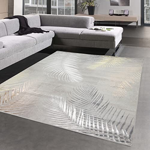 CARPETIA Moderner Wohnzimmer Designerteppich mit Palmenzweigen | pflegeleicht | grau Gold, 140 x 200...