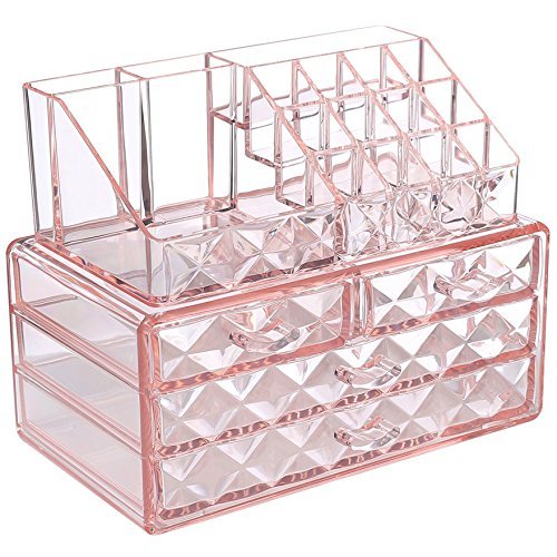 Ikee Design Pink Diamond Pattern Jewelry & Cosmetic Storage Display Boxes Two Pieces Set.