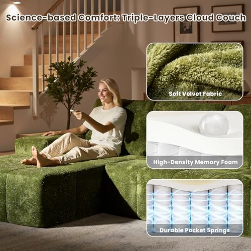 Image of 114 inch Glitter Cloud Sectional Couch with L-Shape Chaise, Modern Boneless Couches for Living Room, Fluffy Tufted Deep Seat Modular Sofa in a Box No Assembly