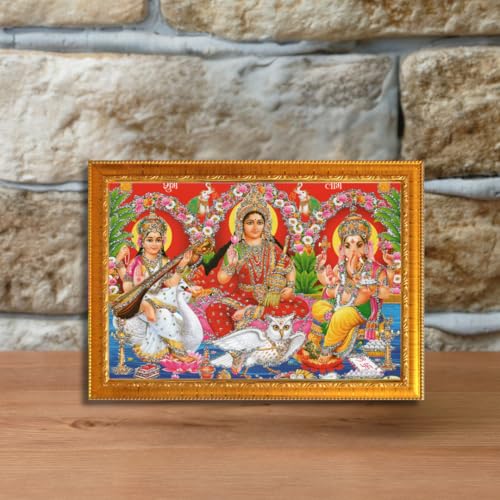 Image of CRAFT QUEST Lakshmi Devi with ganesh ji and saraswati mata Wall Painting Photo Frame for Diwali Pujan (Synthetic, Golden, Sparkle Finish, Small Size, 8 X 6 Inch)
