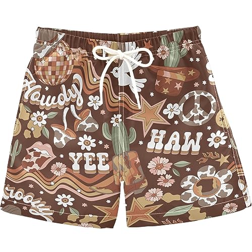 visesunny Summer Boy's Beach Shorts Hippie Cowboy Retro Wild West Cactus Quick Dry Soft Drawsting Swim Trunks Baby Boy Bathing Suit with Pockets