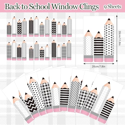 Image of Whaline 9 Sheet Black White Pencil Window Clings Back to School Pencil Plaid Stripe Wave Point Window Decals Double-Sided Reusable Glass Decor for Classroom Wall Glass Blackboard Decor