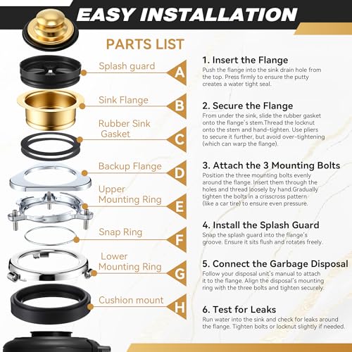 Image of Garbage Disposal Flange Kit, Fit 3 1 /2 inch Sink Drain Hole, Gold
