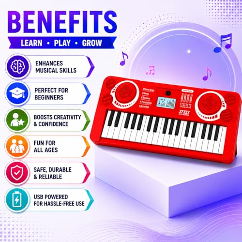 Image of Braintastic Kids Piano Keyboard with Microphone, 37 Keys, 8 Rhythms, 8 Tones with 6 in-Built Demos & Song Recording Feature for Boys & Girls (Red)