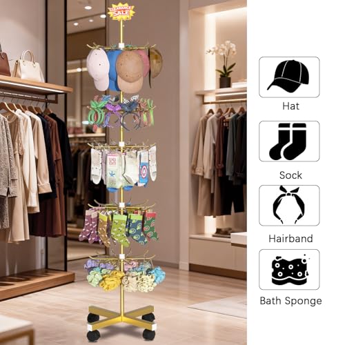 Image of Retail Display Stand Store Display Rack 6 Tier Metal Spinning Display Stand Rack with Wheels Keychain Jewelry Stocking Hat Stand with Hooks for Malls, Showroom, Retail Store (6 Tier Gold)