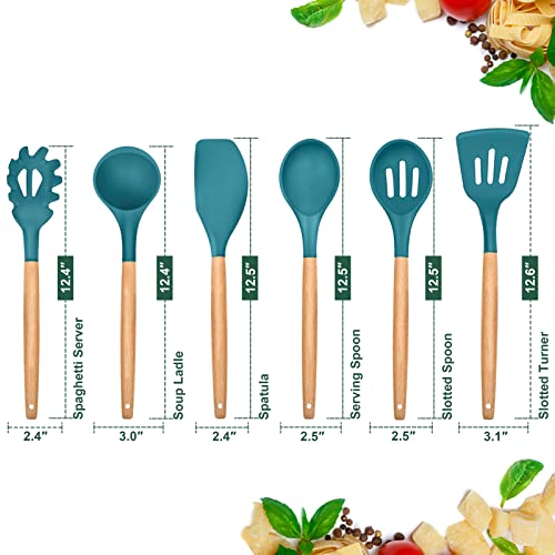 Kitchen Utensils Set of 6, E-far Silicone Cooking Utensils with Wooden Handle, Non-stick Cookware Friendly, Includes Spatula/Ladle/Slotted Turner/Serving Spoon/Spaghetti Server(Teal Blue) - Image 3