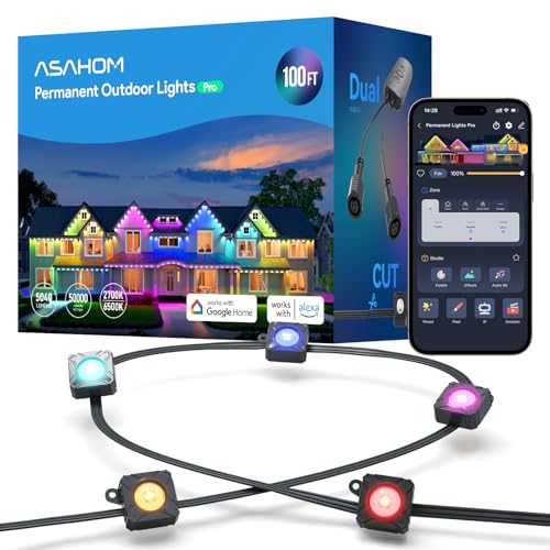 ASAHOM Permanent Outdoor Lights Pro S108B, 100FT with 72 RGBCW LED Lights, 70lm White, WLED Integrated, AI Lighting, 30000 Dynamic Effect, IP67 Waterproof for Holiday Decor and Daily Lighting, Black