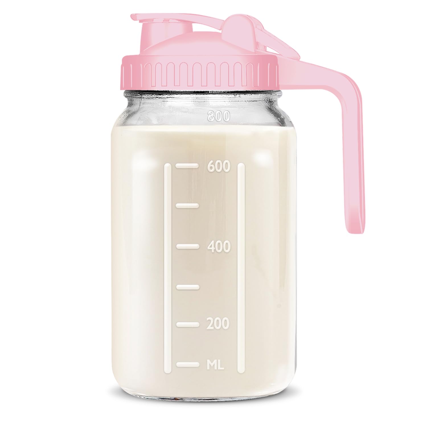 Mason Jar Pitcher, 32 OZ Breast Milk Pitcher Double Leak Proof with Pour Spout Handle, Wide Mouth Iced Tea Pitcher for Fridge, Creamer Container for Coffee, Sun Tea juice (Pink,1 Pack)