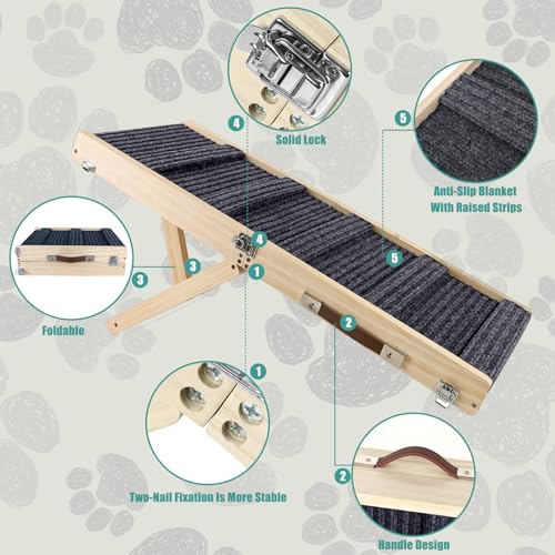 Umtiti Haustierrampe aus Holz, zusammenklappbar, tragbar, 4 Stufen, verstellbar, 22,9 cm bis 43,9 cm, mit Rutschfester 5 Pfoten-Traktionsmatte für kleine, mittelgroße Hunde.Dog Ramps-GY,DE