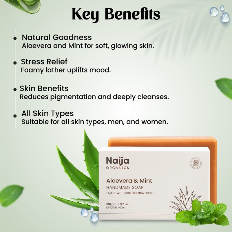 Image of Naija Organics Aloe Vera & Mint Natural Bath Soap | Deep Moisturizing, Hydrating, Chemical-Free, Soothing Body Soap Bar | Handmade Soap | for Men & Women, All Skin Types - 100g