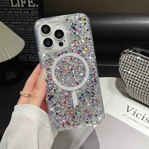 UEEBAI Glitter Case Magnetic for iPhone 16 Pro Max Case, Luxury Shiny Bling Sparkly Phone Cover Compatible with MagSafe, Wireless Charge Crystal Diamonds Shiny Cover for Women - Black