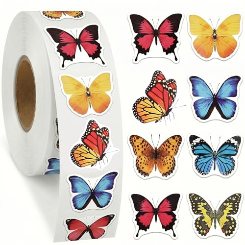 FZYJJJ 1.5in 500Pcs Butterfly Stickers Roll Assorted Colorful Butterfly Decals for Water Bottles Laptops Classroom Rewards Party DIY Scrapbooking Journaling Seal Stickers