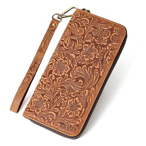 Image of NIUCUNZH Long Men's Leather Wallet Zipper Embossed with Flower Print Biflold Wallet Checkbook Paper Money Women Photo Card Holders