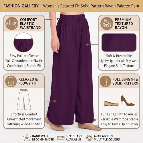 Image of FASHION GALLERY Women's Solid Rayon Palazzo Pants | Relaxed Fit Full Length Wide Leg Palazzo | Elastic Waist Comfortable Casual Lounge Office Ethnic Flared Trousers for Women
