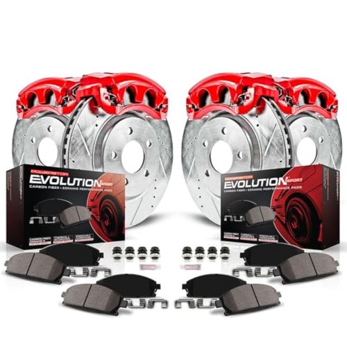 Image of PowerStop Front and Rear Brake & Caliper Kit for BMW Z4 2003-08 - Carbon-Fiber Ceramic Brake Pads + Drilled & Slotted Rotors + Red Powder Coated Calipers, KC873