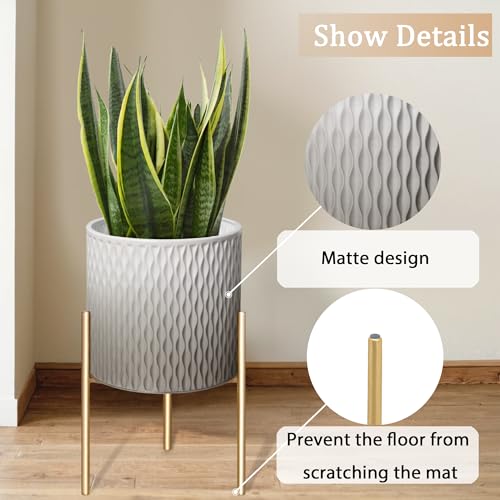 ARNIS Plants Pots with Stand,Set of 2 Flower Pots, Unique Mid Century Decorative Metal Flower Pots with Drainage,10.5&12.25 Inch, Grey and White