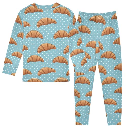 Pajama Sets Long Sleeve Croissant Pattern Blue Background Soft Comfy Sleepwear 2 Piece PJS 3-8T3