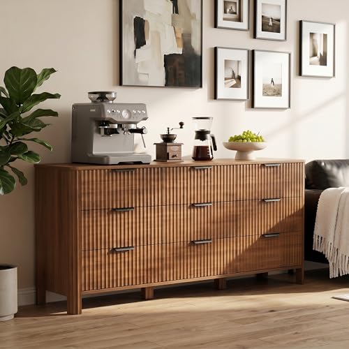 Image of Wodeer 9 Drawer Dresser for Bedroom, 62 inch W Wide Wood Storage Cabinet with Fluted Design, Modern Chest of Drawers & TV Stand for Living Room, Nursery Clothing Organizer with Metal Slides, Anti-Tipping